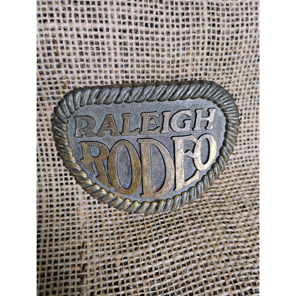 Vintage Raleigh Rodeo Belt Buckle Brass Tone Western Rope Border As Is Repair